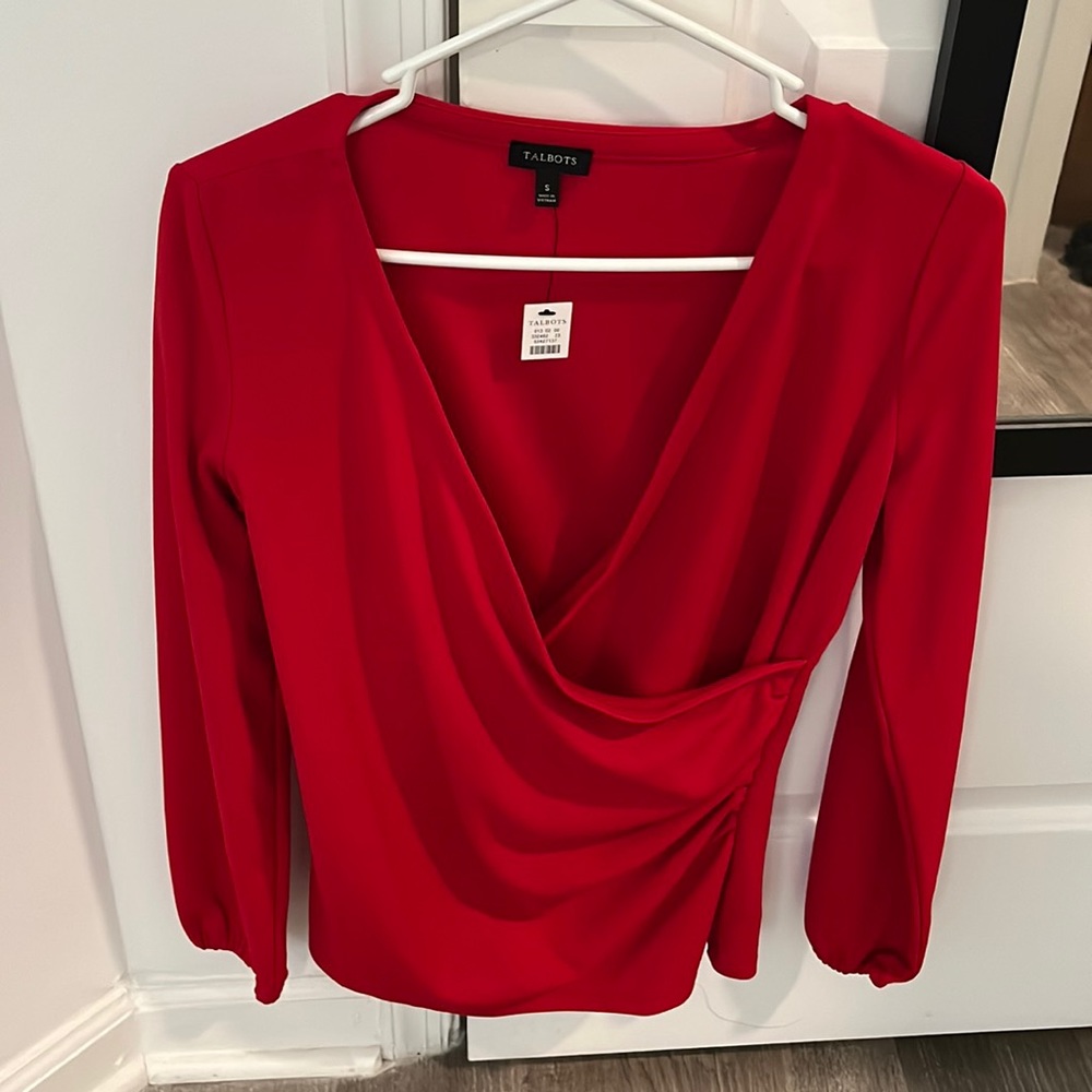Talbots Red Long Sleeve V-Neck Blouse